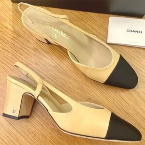 Chanel beige and black slingback heels